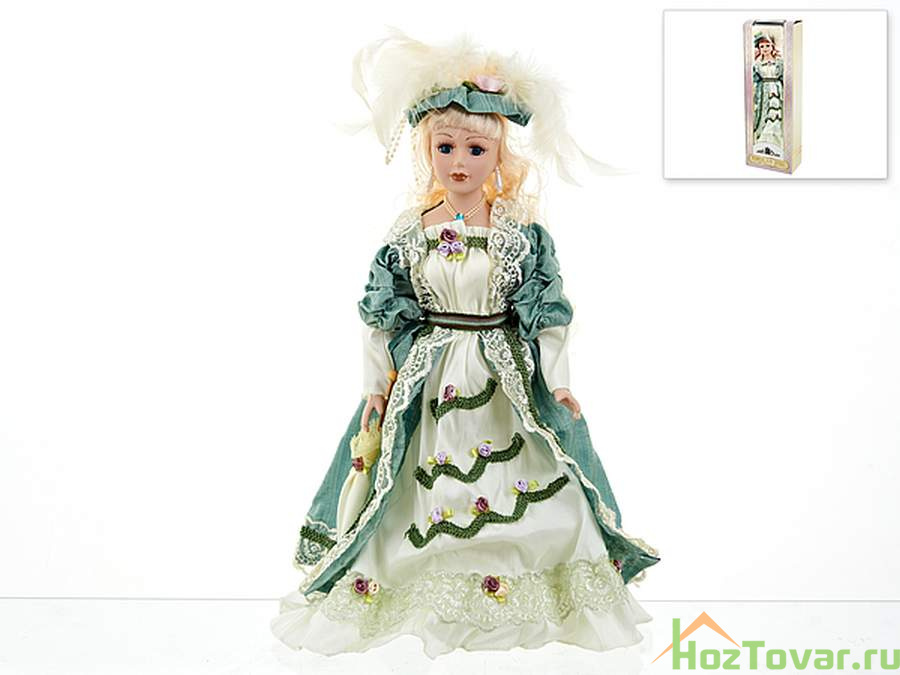 Кукла декоративная, фарфоровая "Екатерина" 13*7,5*36,5см (с декоративными стразами и перьями) (подарочная упаковка)