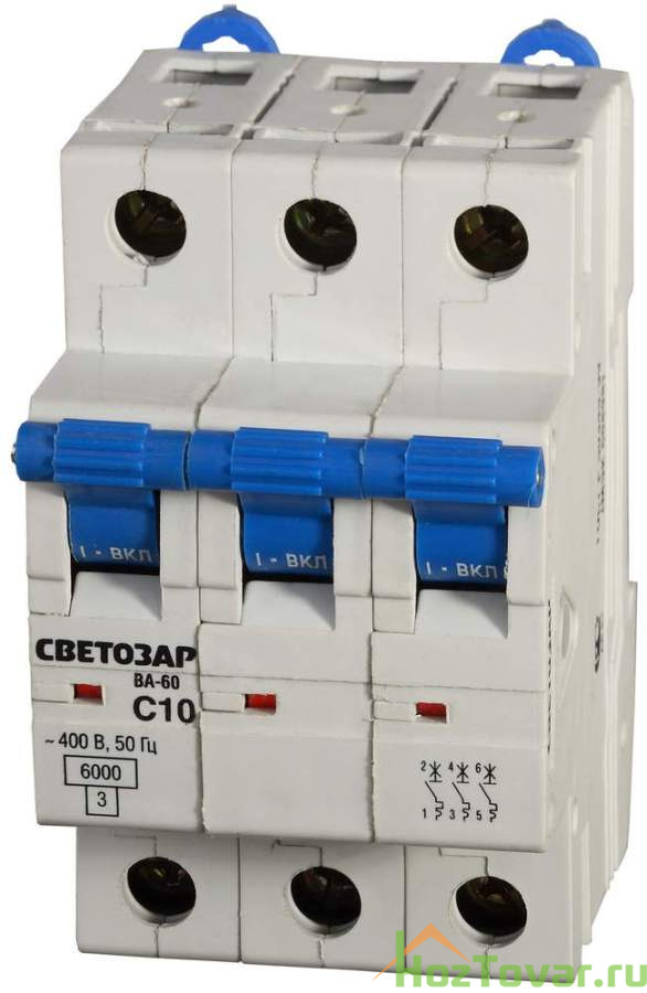 Выключатель автоматический СВЕТОЗАР 3-полюсный, 10 A, "C", откл. сп. 6 кА, 400 В