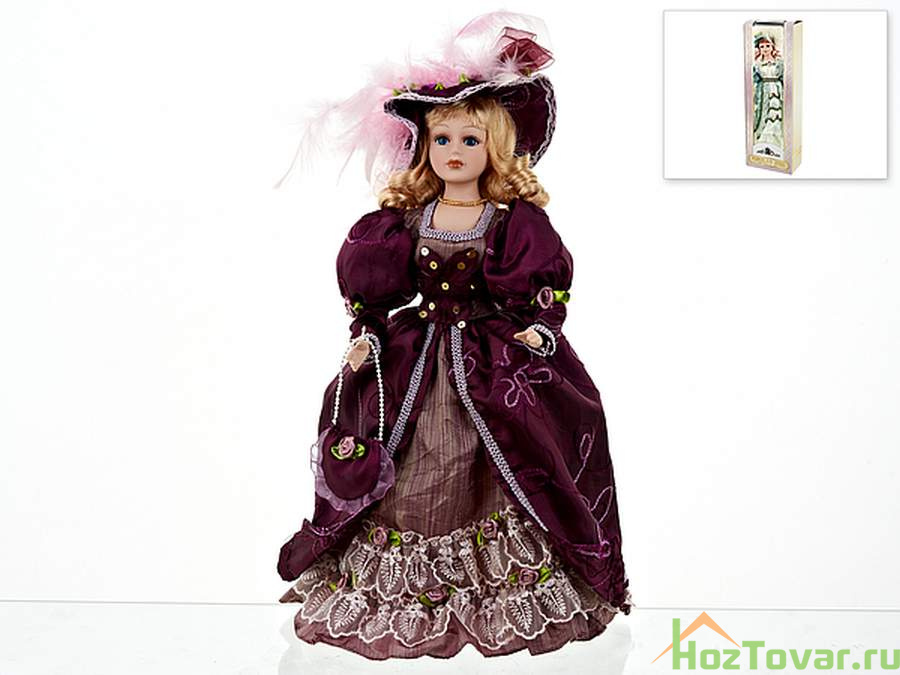 Кукла декоративная, фарфоровая "Арина" 13*7,5*36,5см (с декоративными стразами и перьями) (подарочная упаковка)