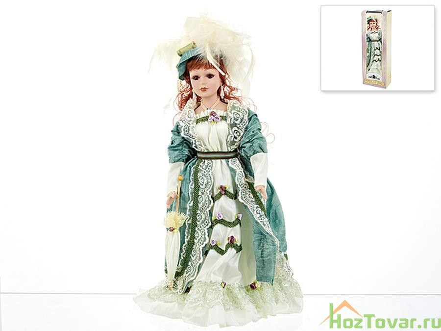 Кукла декоративная, фарфоровая "Таисия" 13*7,5*36,5см (с декоративными стразами и перьями) (подарочная упаковка)