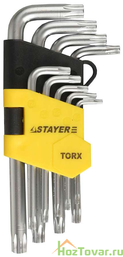 Набор STAYER "MASTER": Ключи имбусовые короткие, Cr-V, сатинированное покрытие, пластиковый держатель, Т10-Т50мм, 9 предметов