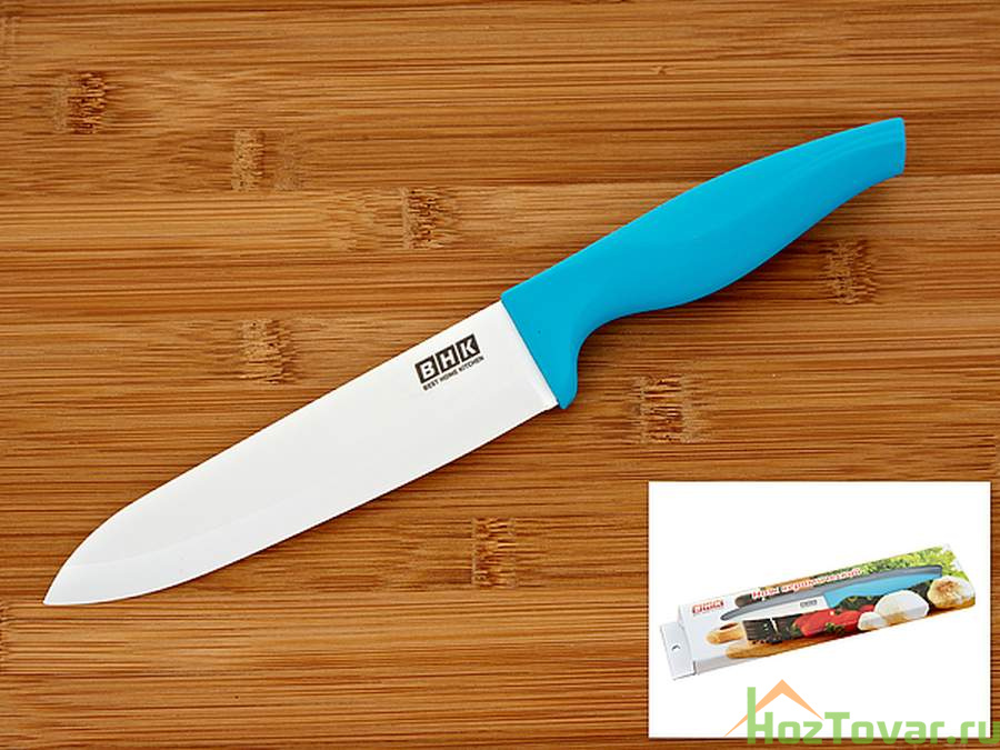 Нож керамический (6 дюймов), белое лезвие (15,5*3,5*0,2см) рукоятка голубая (12*3,5*2,5см) (подарочная упаковка)