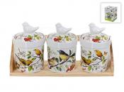Банки для сыпучих продуктов, набор 3шт. "Birds" d=10см h=15,5см v=500мл (32,5*11*17,5см (на деревянной подставке)) (подарочная упаковка)