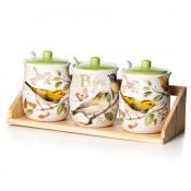Банки для сыпучих продуктов, набор 3шт. + ложки "Birds" d=8,5см h=12см v=350см (29*10*12,5см ложка l=12,5см (на дер. подст.)) (фигурн.) (подар. упак.)
