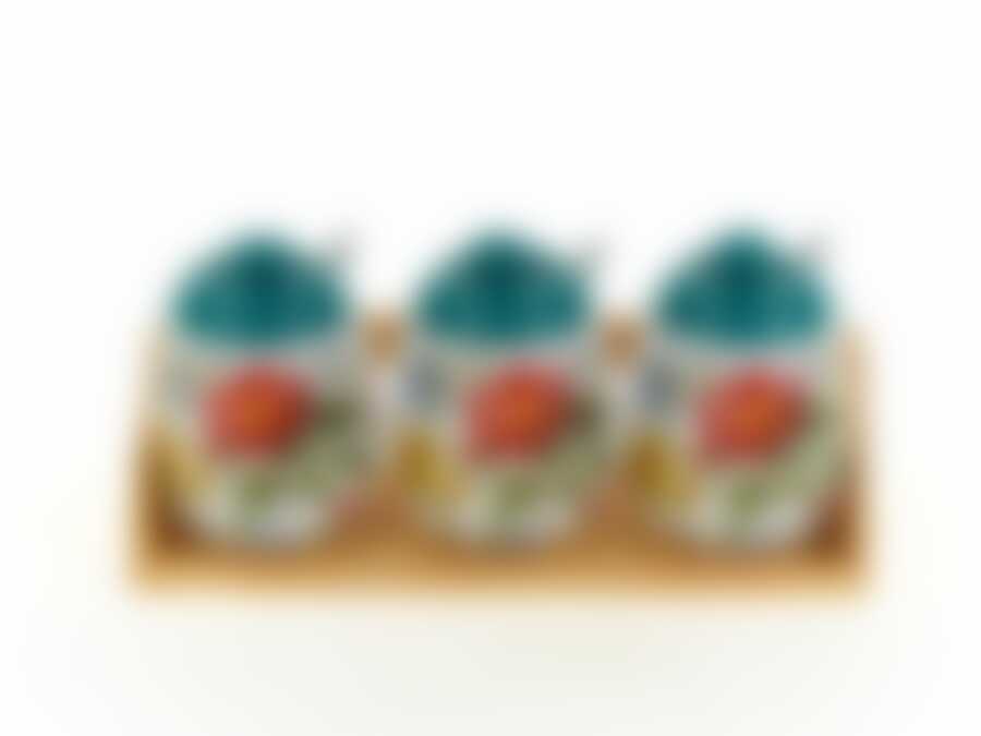 Банки для сыпучих продуктов, набор 3шт. + ложки "Цветочная поэма"d=8см h=12,5см v=350см (28*10*13,5см ложка-L=12,5см)(на дер.подст.)(фигурн.)(под.уп.)