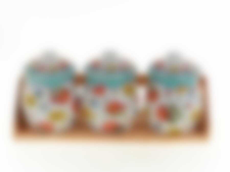 Банки для сыпучих продуктов, набор 3шт. + ложки "Цветочная поэма"d=9см h=14см v=500см (32,5*11*15,5см ложка-L=12,5см)(на дер.подст.)(фигурн.)(под.уп.)