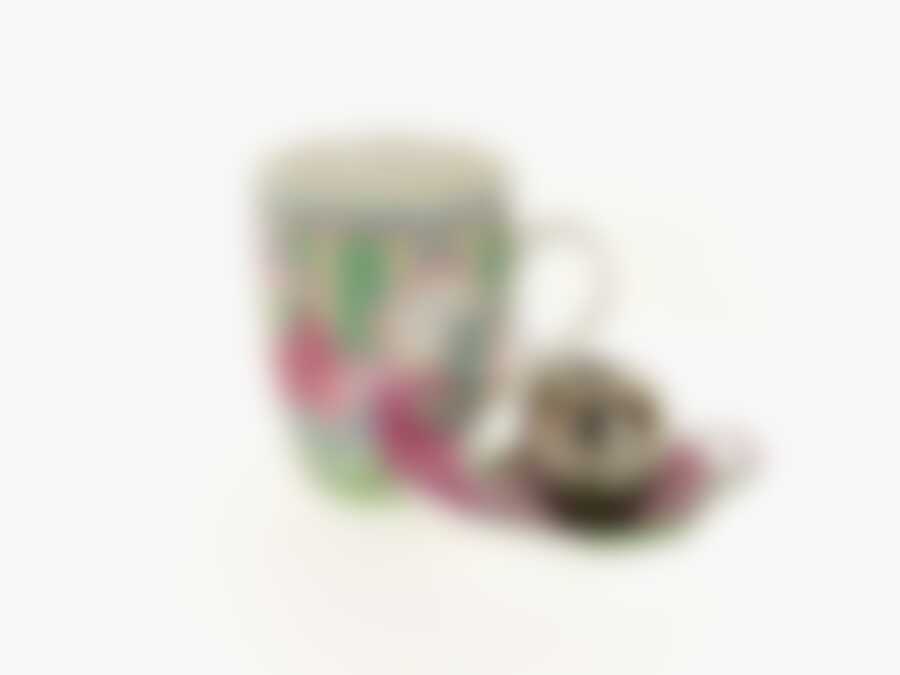 Кружка фарфоровая с ситечком для заварки и подставкой под чайный пакетик "Кошки" v=341мл (костяной фарфор, металл) (блистер)