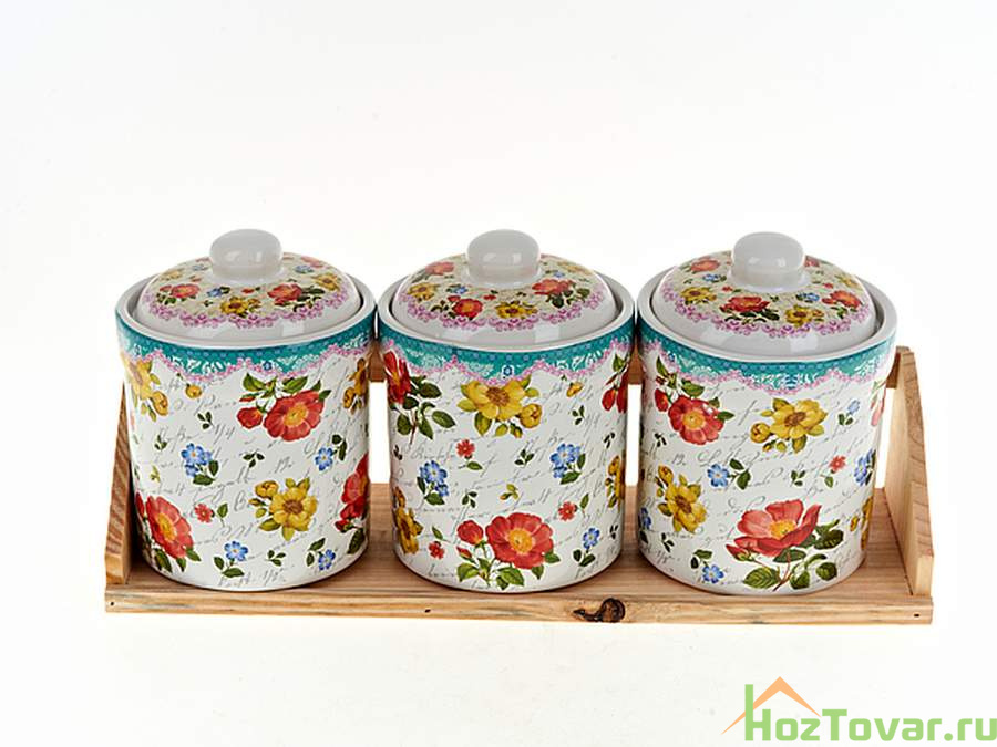 Банки для сыпучих продуктов, набор 3шт. "Цветочная поэма" d=10см h=14см v=600см (33,5*11*15,5см) (на деревянной подставке) (подарочная упаковка)