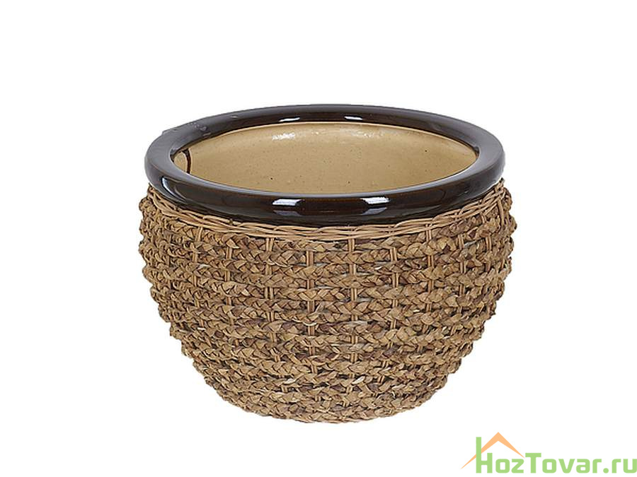 Горшок для цветов поддоном"Плетенка" 30*30*20см. v=8500мл. (поддон-24*24*4см.)(покрытие-натуральный ротанг) (без подарочной упаковки)