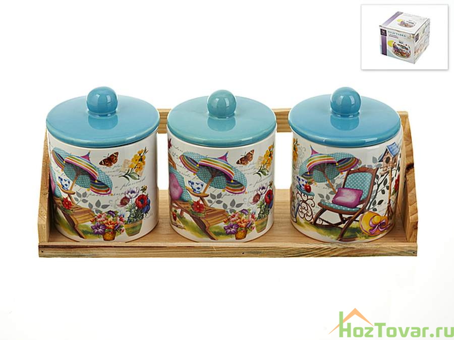 Банки для сыпучих продуктов, набор 3шт. "Сад" d=9,5см h=13см v=400см (32*11*14см) (на деревянной подставке) (подарочная упаковка)