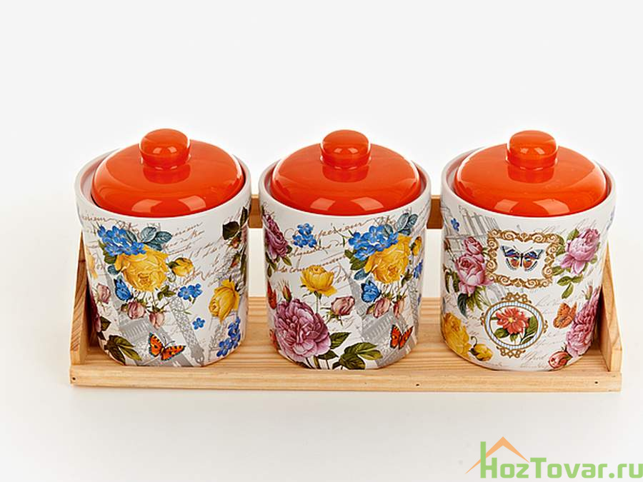 Банки для сыпучих продуктов, набор 3шт. "Лето в Европе" d=10см h=14см v=600см (33,5*11*15,5см) (на деревянной подставке) (подарочная упаковка)